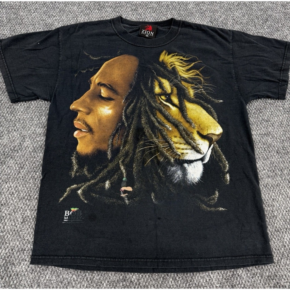 Vintage Bob Marley T-Shirt Men's Medium Black Lion Zion Reggae Roots Y2K AOP